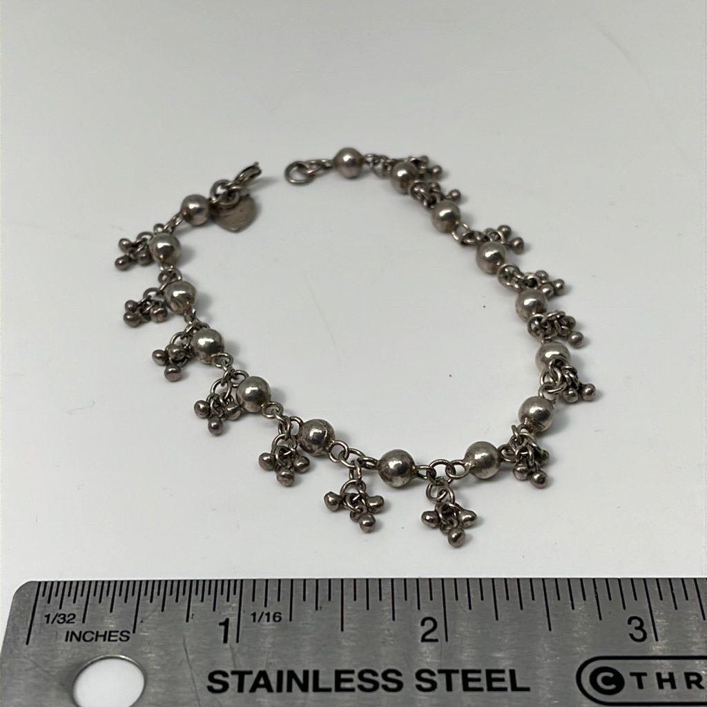 Vintage Sterling Silver Bracelet Beaded Dangle Hong Kong 925 On Heart Hang Tag